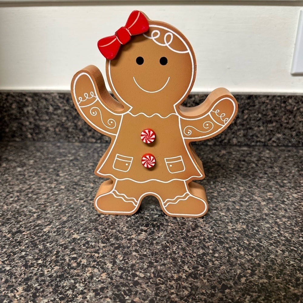 Gingerbread Girl Wooden Figurine with Red Bow Decor